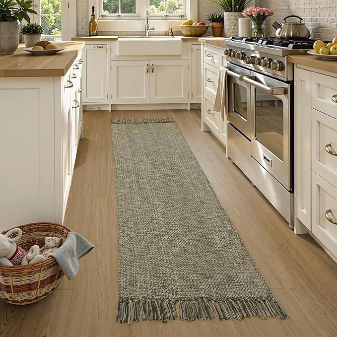 Collive Long Hallway Runner Rug 2.6' x 7', Washable Rugs Indoor Entryway Runner Rug, Modern Natural/Green Kitchen Runner Rugs Cotton Braided Low-Profile Bedroom Carpet for Laundry Room Bathroom