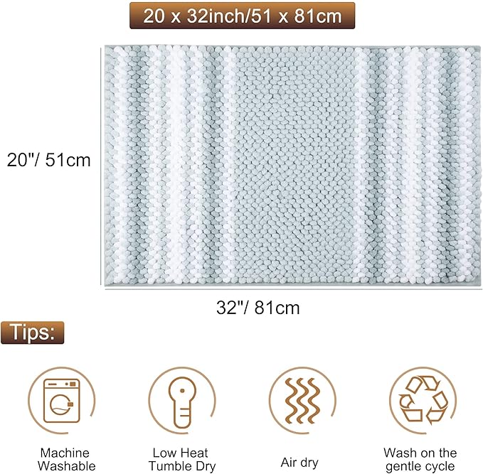 PiccoCasa Chenille Bathroom Rug, Soft Fluffy Absorbent Bath Mat, Medium Pile Striped Carpet Washable Non Slip Bathroom Floor Mats(20"x32",Light Blue & White)