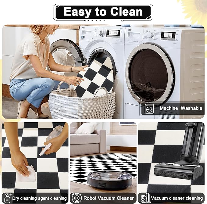 Checkered Rug 4x6 Rugs for Living Room Modern Minimalist Washable Black and White Checkered Non-Slip Large Rug for Office Playroom (Black and White, 4x6ft)