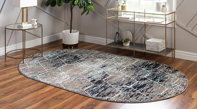 Unique Loom Trellis Frieze Collection Area Rug - Geometric (4' x 6' Oval, Blue Multi/ Ivory)