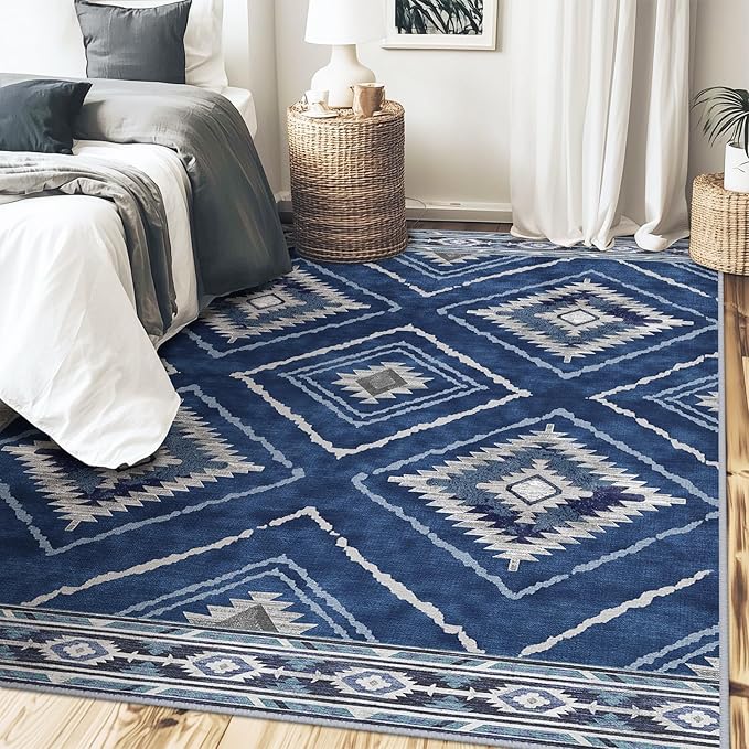 Area Rug 9x12 Rug Machine Washable Non-Slip Low Pile Print Pattern Western Rug for Living Room Bedroom Entryway Tribal Series -Blue/Gray