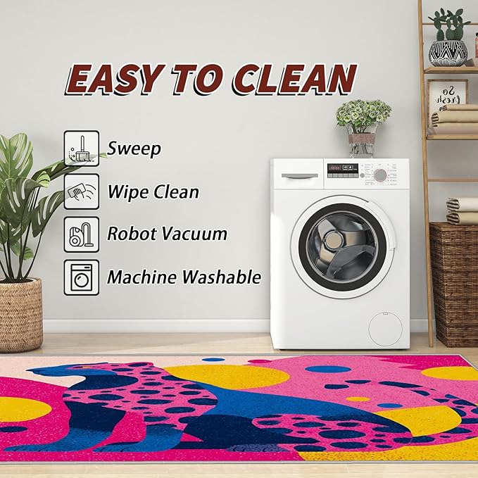 Leopard Rugs for Bedroom - 4x5ft - Colorful Abstract Geometric Animal Pop Art Rugs for Living Room Non Slip Low Pile Machine Washable Area Rug, Leopard Carpets Home Decor & Gifts