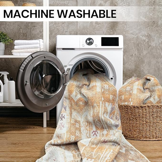 GLN Rugs Traditional Collection - Machine Washable Area Rug, Traditional Washable, Non Slip, Low Pile Chenille Rug, Living Room, Bedroom, Kitchen Rug (9' x 12' Sand/Light Gray)