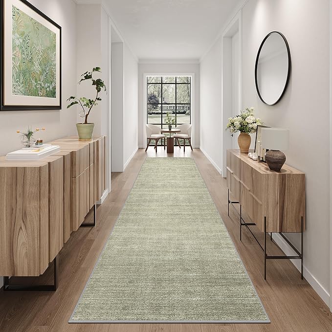 Art&Tuft Non-Slip Runner Rug - 2x12 Runner Rug Washable Low-Pile Rugs Runners, Soft Distressed Carpet Runner for Bedroom Bathroom Kitchen Laundry Living Room, Green
