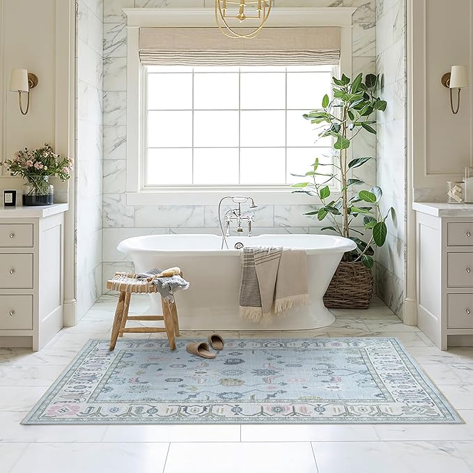 Fame Living Cream Blue Oushak Rug, Modern, Vintage, Turkish, Eclectic, Floral, Pastel, Washable, Extra Large Area Rugs for Living Room, Dining, Bedroom, Lounge, 9'x12'