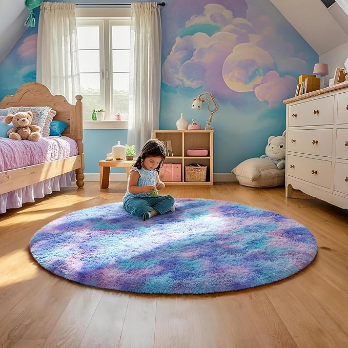 Ophanie Soft Fluffy Shaggy Rugs for Bedroom Living Room Dorm Nursery Home Decor Aesthetic, Color Rainbow Purple,Size 4' Round