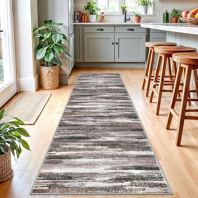 Modern Abstract Runner Rug 2.6x10, Dark Light Brown White Washable Long Kitchen Runner Non-Slip Soft Hallway Rug Runner Thin Print Faux Wool Carpet for Entryway Bedroom Laundry Room Indoor