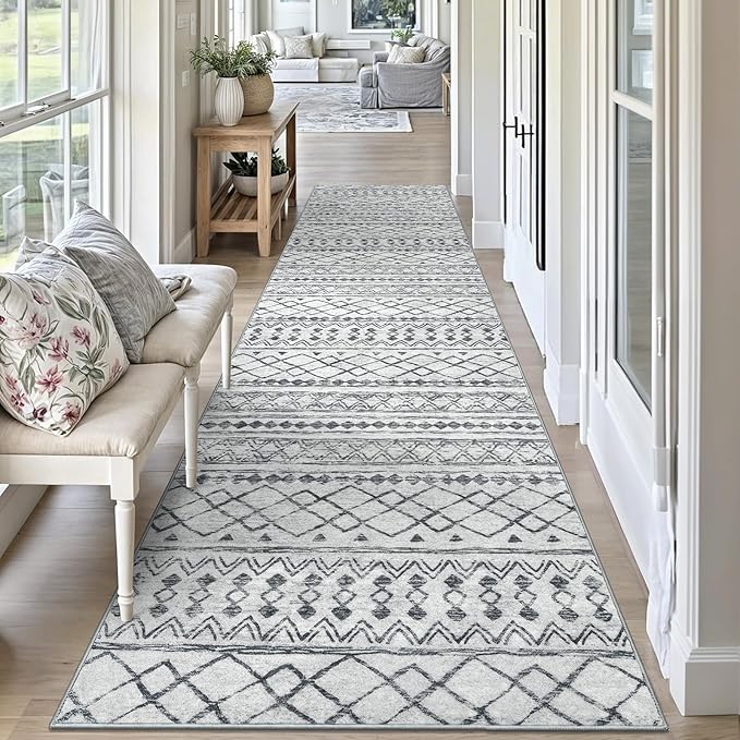 KUTA 3x10 Boho Hallway Runner Rug, Moroccan Grey Washable Kitchen Rugs Non Slip, Ultra Soft Print Distressed Geometric Entry Runner Low-Pile Throw Carpet for Bedroom Nursery Dorm Decor