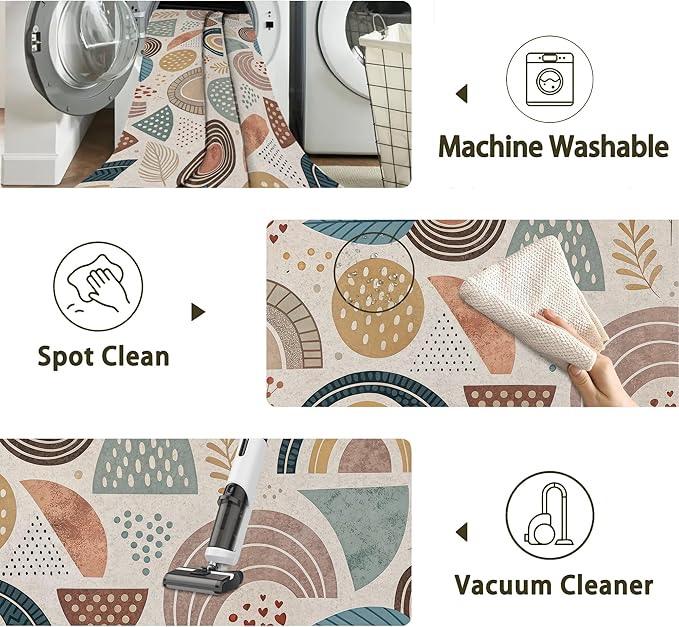 Bohemian Rainbow Washable 5x7 Area Rugs for Living Room, Thin Low Pile Contemporary Carpet, Non-Slip Base Lightweight Rug