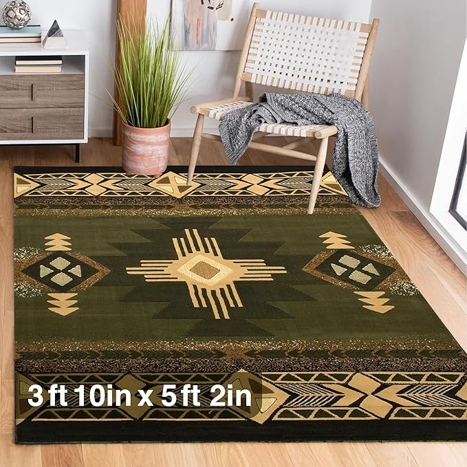 YHSF South West Native American Area Rug C318 - Easy Clean, Thick, Soft, Durable Native Tribal American Indian Inspired Rug for Bedroom/Living Room and More - Sage Green, 3 ft 10 in x 5 ft 2 in