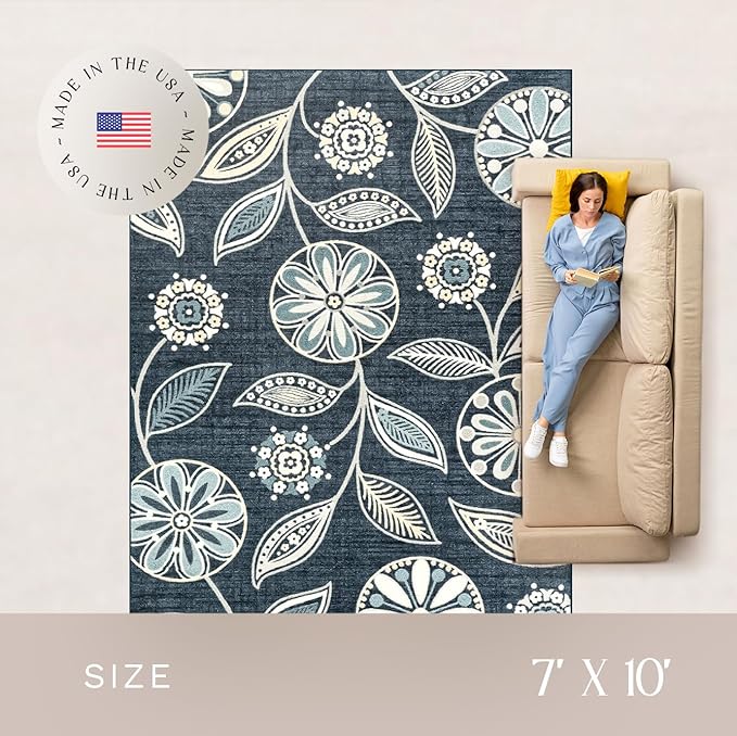 Maples Rugs Reggie Floral Area Rug - Made in USA - Low Pile, Non Slip, Pet-Friendly Mat for Living Room, Bedroom, and Office, 7' x 10', Persian Blue
