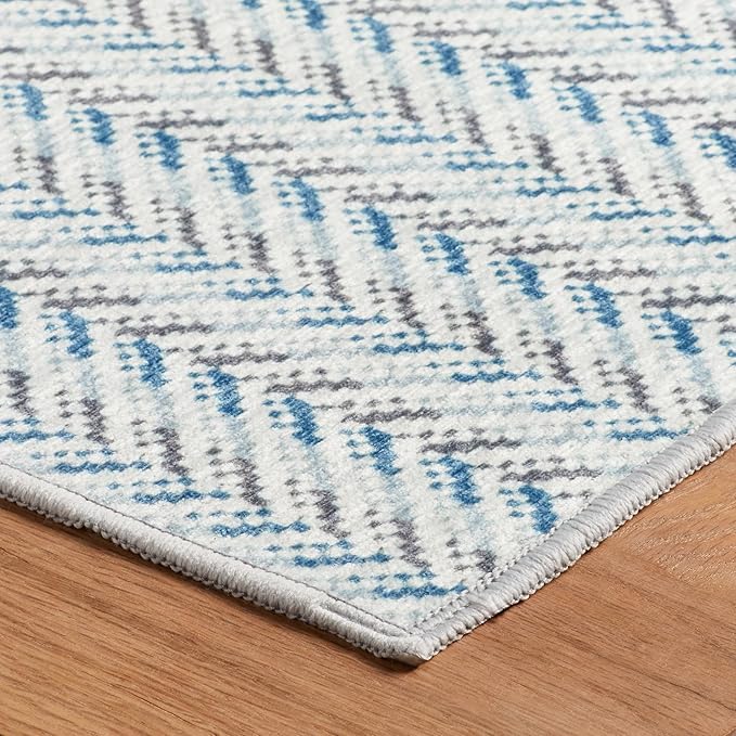 Dash & Albert Lowell Blue Machine Washable Rug, Runner-2.5 X 8 Feet, Blue Graphic Pattern - Premium Luxury Hotel Quality Soft Breathable Hypoallergenic Machine Washable Easy Care All Season