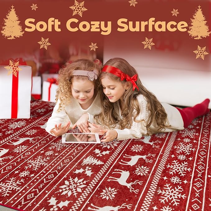 Christmas Rug 8x10 Washable Rugs, Boho Christmas Tree Snowflake Rug Non-Slip Soft Low Pile Non Shedding Indoor Holiday Decor Carpet for Living Room Bedroom Dining Room Home Office (Xmas Red, 8'x10')
