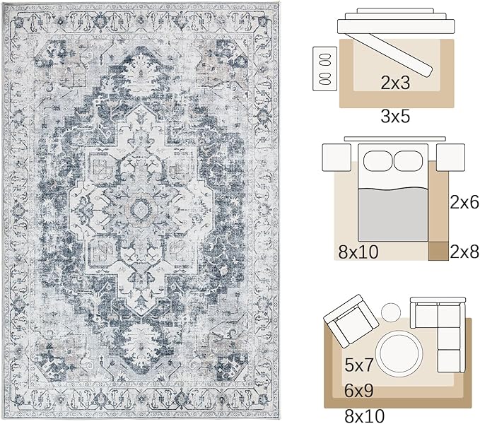 jinchan Kelda Area Rug 5x7 Washable Bedroom Rug Vintage Indoor Floor Cover Distressed Lightweight Non-Slip Low Pile Thin Mat Accent Stain Resistant Carpet for Living Room Dining Room Office Grey