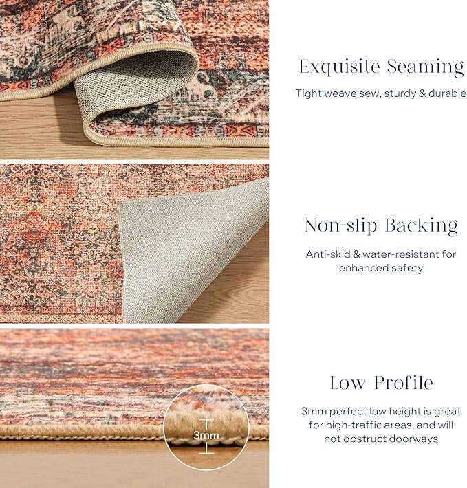 Phantoscope Washable Area Rug 8'x10' Non-Slip, Vintage Neutral Xmas Rugs for Living Room, Bedroom, Dining Room, Distressed Boho Floral Medallion Pattern, Low-Pile Foldable Carpet, Brick Red/Black