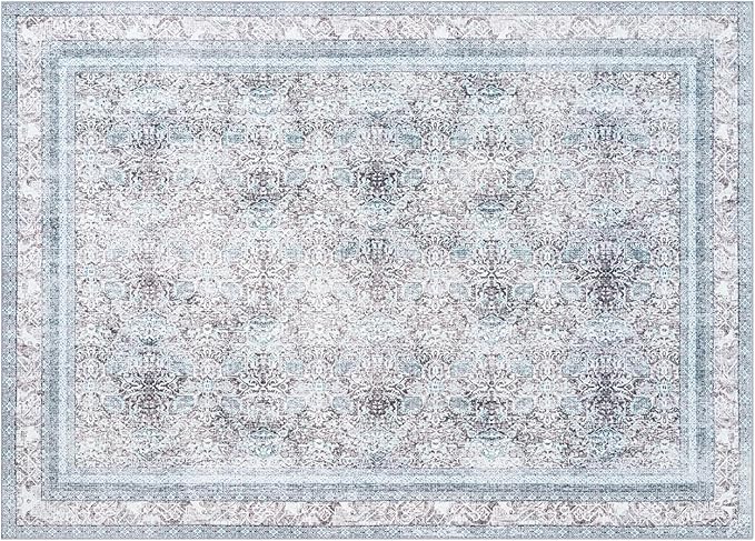 Phantoscope Washable Area Rug 5'x7' Non-Slip, Vintage Neutral Rugs for Living Room, Bedroom, Dining Room, Distressed Boho Floral Medallion Pattern, Low-Pile Foldable Floor Carpet, Blue/Grey
