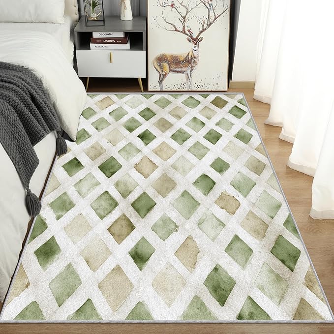 Checkered Rug, Washable 3x4 Rug for Living Room, Geometric Rhombus Patterned Indoor Carpet, Checkered Decor for Home, Bedroom, Soft Non Slip Thin Design FER33