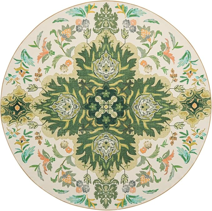 Phantoscope Washable Round Area Rug 6ft Non-Slip, Vintage Boho Rugs for Living Room, Bedroom, Dining Room, Neutral Green Floral Medallion Pattern, Low-Pile Foldable Floor Carpet, Forest Green/Cream
