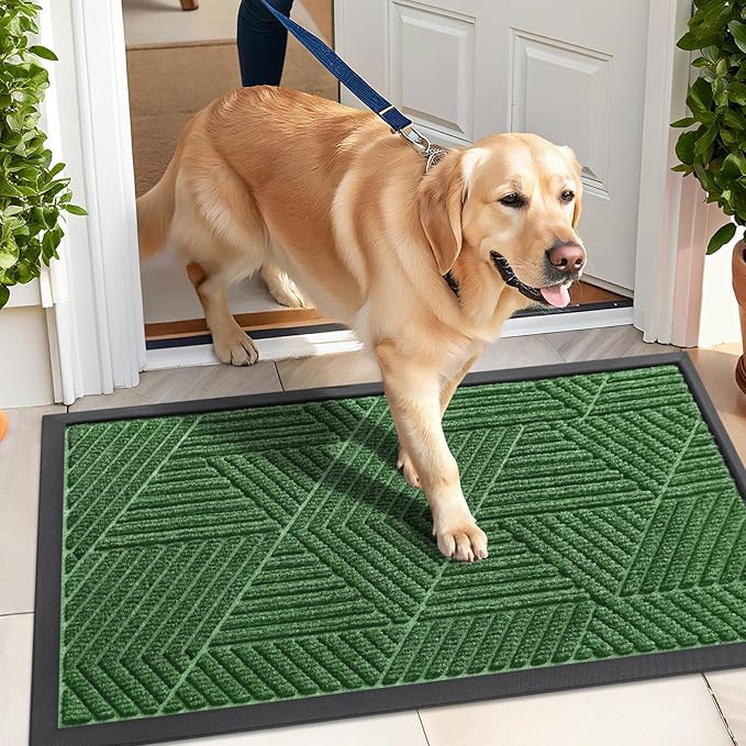Kitinjoy Front Door Mat Outside Entrance, Sturdy Natural Dirt Trapper, Heavy Duty Rubber Doormat, Low Profile Non-Slip Backing, Easy Clean Floor Mat for Indoor Outdoor Entry, 35X23 Inch, Green