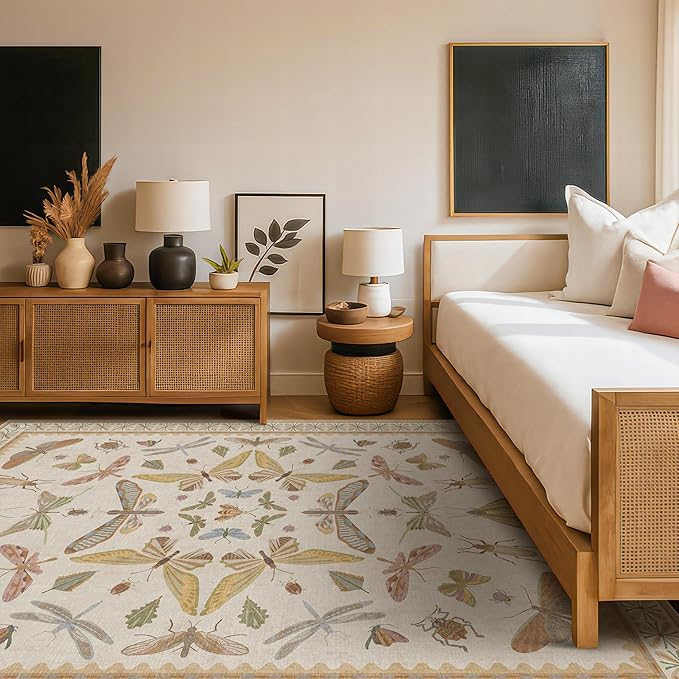 Beige Dining Table Rug - 6x9 Area Rugs for Bedroom, Living Room, Cute Kids Room, Large Fun Insect Butterfly Vintage Non-Slip Décor, Low Pile Stain Resistant