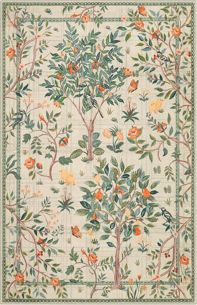Morebes Washable 5x7 Sage Green Area Rug for Bedroom, Boho Floral Kids Room Rug Non Slip, Soft Flower Low-Pile Indoor Floor Throw Carpet for Dining Room Bedroom Home Office Playroom