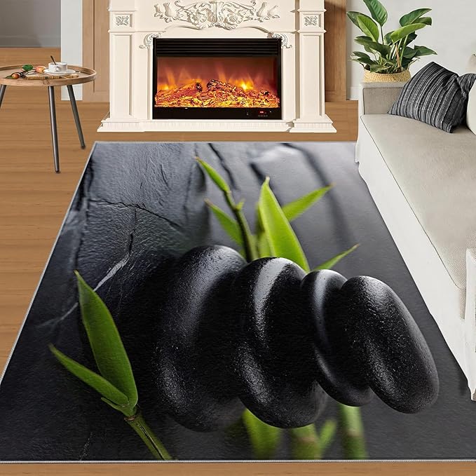 Zen Buddhism Rugs for Bedroom - 5x6 Area Rug - Black Zen Dianthus Leaf Rugs for Living Room, Meditation Yoga Rug, Washable Home Decor Carpet