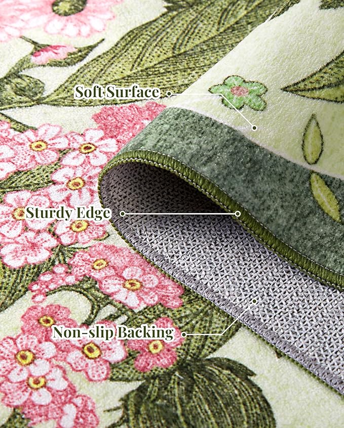 Floral Washable Round Area Rug - 6x6 Round Rugs Living Room Rug Soft Non-Slip Low Pile Large Indoor Accent Circle Carpet for Closet Bedroom Dining Room Home Office Nursery, 6ft Green