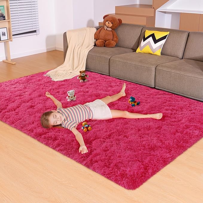 5x7 Area Rugs for Living Room, Fluffy Large Rugs for Bedroom, Soft Shag Fuzzy Non-Slip Carpet for Kids Boys and Girls Nursery Room Dorm Indoor Home Decor (Hot Pink, 5ft x 7ft)
