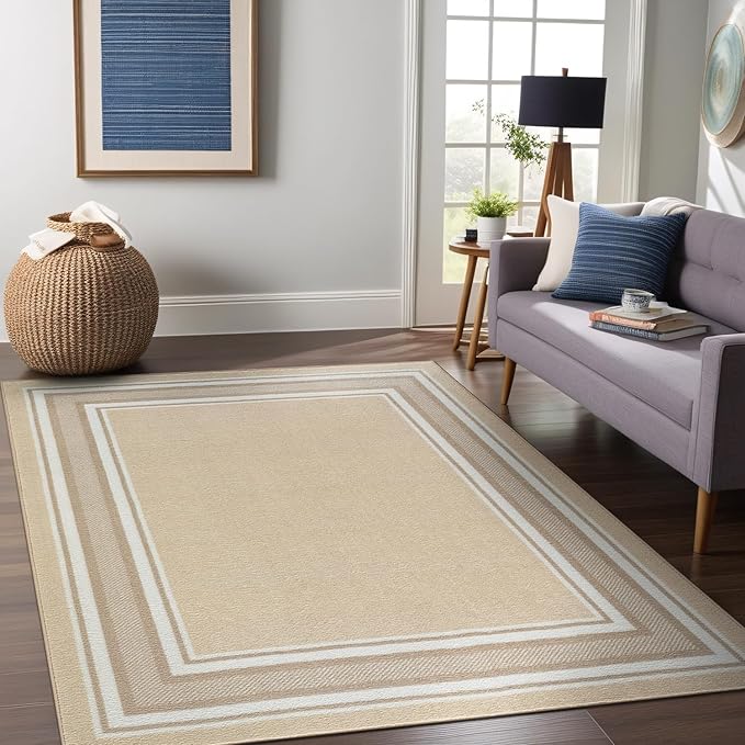 Beverly Rug Non Slip Area Rugs 5x7 Modern Bordered Non Skid Rubber Backing Soft Area Rug for Living Dining Room Easy to Clean Non Shedding Kitchen Bedroom Indoor Carpet 5 x 7 Beige