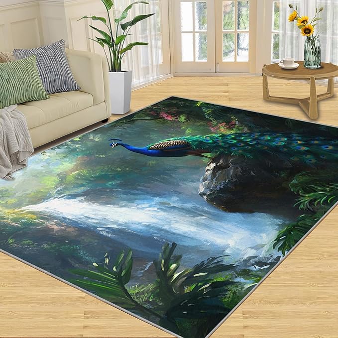 Peacock Rugs for Bedroom - 4x6 Rug, Peacock Decor Area Rugs for Living Room, Natural Landscapes Carpet, Waterfall Washable Area Mat, Aesthetics Carpet - Peafowl Home Decor & Gifts