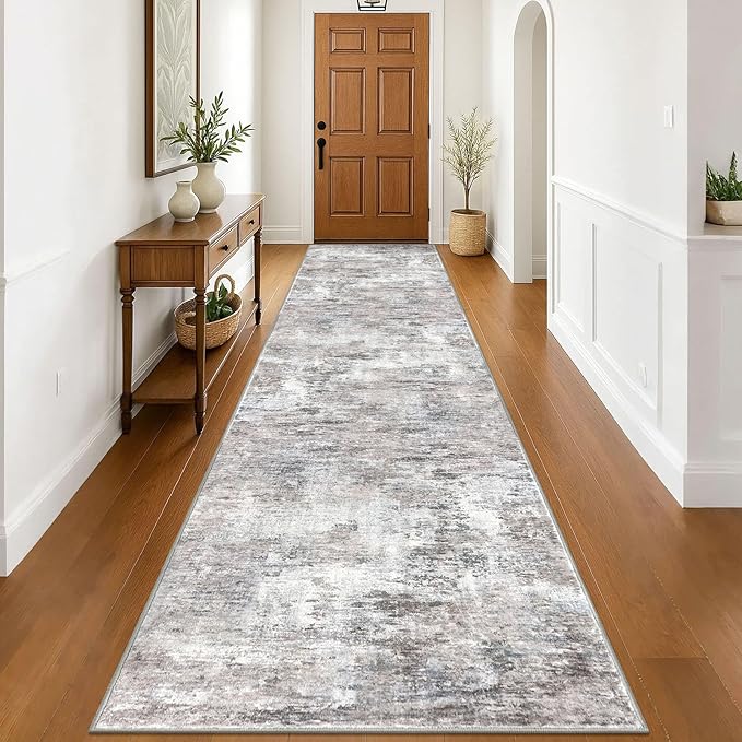 Modern Abstract 3x16 Runner Rug, Beige Grey Neutral Washable Long Kitchen Runner Non-Slip Soft Hallway Rug Runner Thin Print Faux Wool Floor Carpet for Hall Stair Entryway