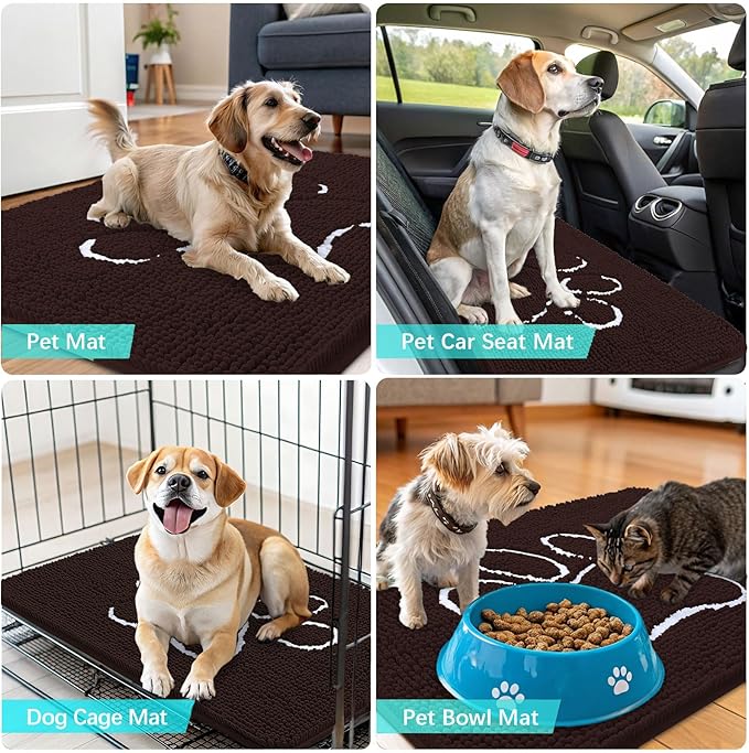 OLANLY Dog Door Mat for Muddy Paws 30x20, Paw Print Design, Absorbs Moisture and Dirt, Absorbent Non-Slip Washable Doormat, Quick Dry Chenille Mud Mat for Dogs, Entry Indoor Entryway Carpet, Brown