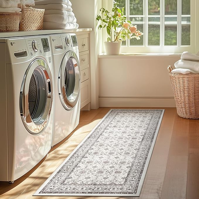 jinchan Hallway Runner Rug 2x10 - Machine Washable Beige Vintage Floral Distressed Design Soft Non-Slip Low-Pile Ultra-Thin Runner Rug for Kitchen Laundry Room Bedroom Farmhouse (2‘x10', Beige)
