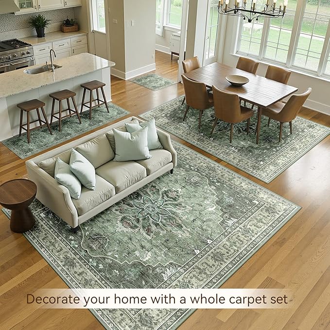 Area Rugs 7'x9' Washable Non-Slip, Floral Vintage Distress Print Pattern Medallion Carpet for Living Room Bedroom Dining Room, Dark Green Gray