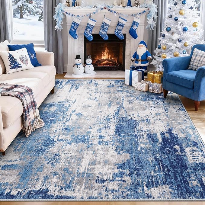 Washable Area Rugs 6'x9' Non-Slip Modern Abstract Soft for Living Room Entryway Bedroom Nursery, Print Pattern, Blue Grey Navy Gray