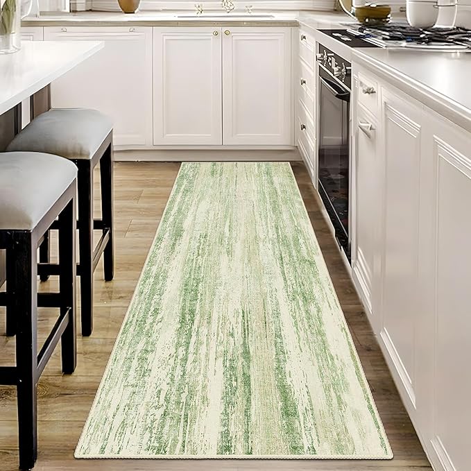 MUJOO Washable Runner Rug 2x6,Modern Abstract Area Rugs for Hallways Kitchen Bedroom Entryway Bathroom Laundry,Non Slip Carpet Long Mat Indoor,Low Pile Throw Rug Accent Neutral Green