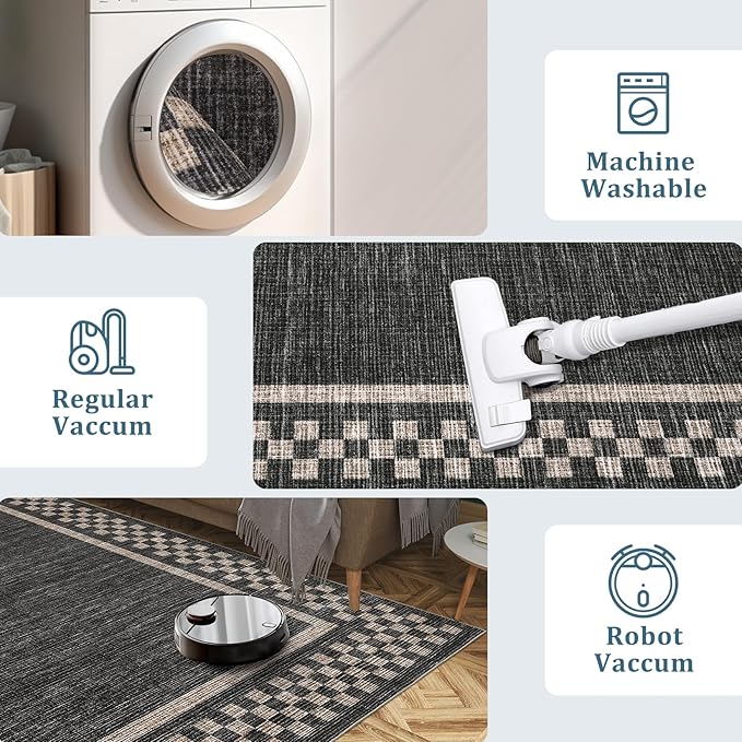 GarveeHome Area Rug 10x13 Living Room Rug Modern Bordered Soft Large Area Rugs for Bedroom Washable Checkered Dining Room Throw Carpet Non Slip Stain Resistant Geometric Rugs for Home Office, Black