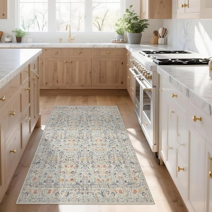 Washable Living Room Rug: 3x5 Boho Floral Soft Area Rug for Bedroom Decor - Vintage Low Pile Thin Carpet for Dining Room Non-Slip - Farmhouse Stain Resistant Rugs - Beige Blue