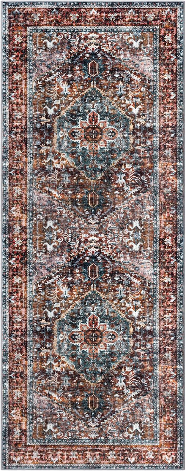 KOZYFLY Area Rug 3x8 Ft Washable Boho Runner Rug for Entryway Hallway Indoor Printed Oriental Faux Wool Carpet for Kitchen Bedroom Hall, Brick Red/Orange/Green