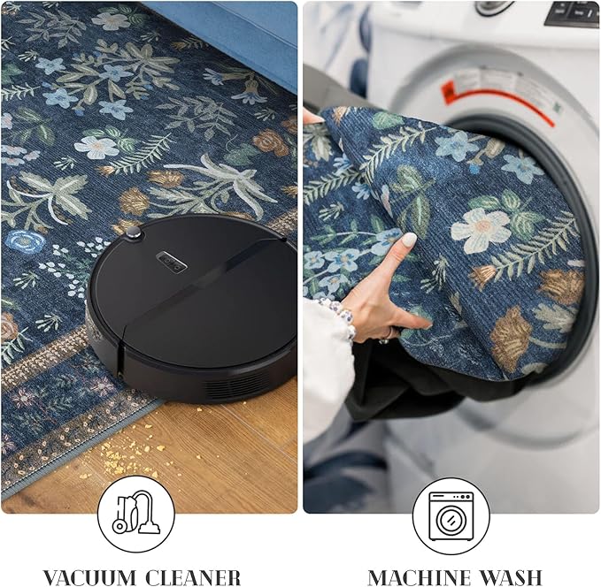 Boho 2x5 Runner, Navy Floral Washable Hallway Runner, Non-Slip Kitchen Runner, Super Thin Printed Faux Wool Soft Carpet for Entryway, Front Door, Backdoor, Bedside