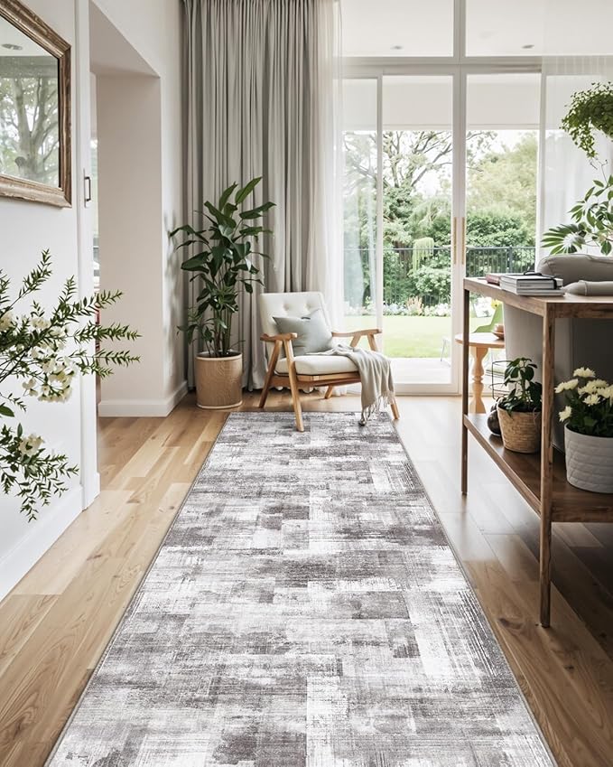 LUMI Washable Runner Rug, 3'x8' Non-Slip Hallway Mat, Low Profile Thin Long Carpeet for Laundry Kitchen Bedroom Office, Grey