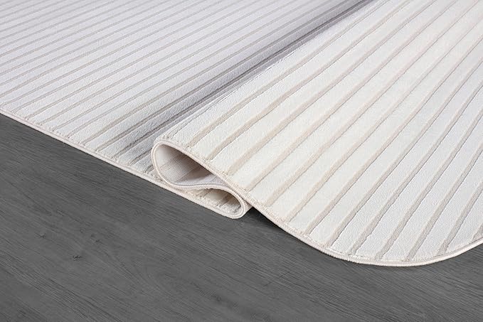 Beverly Rug Modern Geometric Area Rug 5x7 Low-High Pile Durable Soft Abstract Striped Indoor Rugs for Living Dining Room Office Stain Resistant Non Shedding Casual Indoor Carpet Beige White 5 x 7