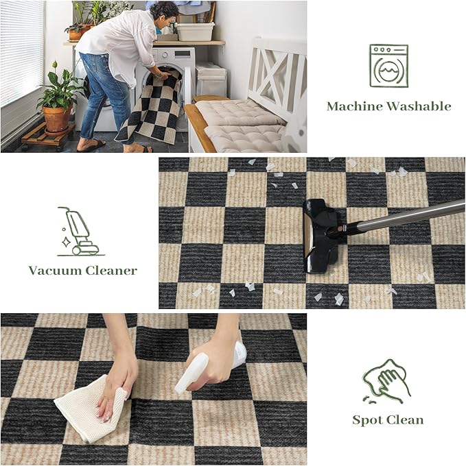 LIVEBOX 8x10 Area Rugs for Living Room, Checkered Non-Slip Washable Rugs, Farmhouse Neutral Classic Geometric Pattern Large Boys Area Rug for Bedroom, Carpet for Dining Room Office (Black,8'x10')