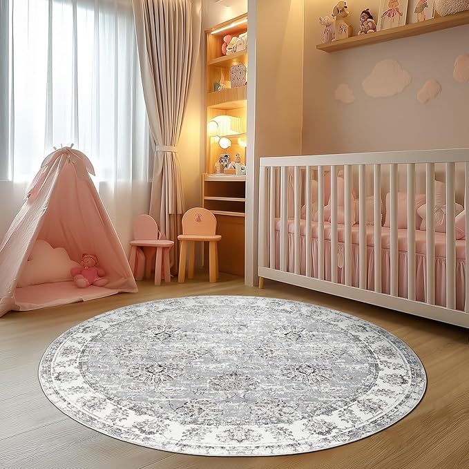 jinchan Fiora Round Rug 5ft Area Rugs Vintage Floral Distressed Design - Machine Washable Non-Slip Low-Pile Ultra-Thin Circle Rug for Entryway Bedside Living Room Dining Room Bedroom (5' Round, Grey)