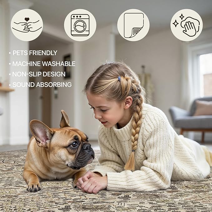 Bavni Area Rugs 5x7, Machine Washable Rugs for Living Room Indoor Non-Slip Carpet Ultra Thin Printed Vintage Rug for Bedroom Dinning Room Nursery Home, Dark Espresso