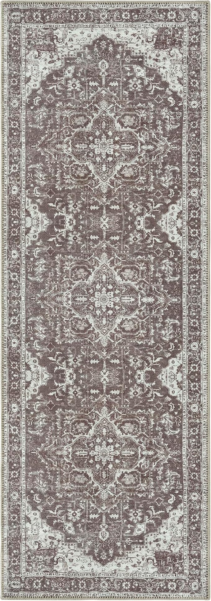 Bloom Rugs Washable Non-Slip 12 ft Runner - Dark Brown Traditional Medallion Runner for Entryway, Hallway, Bathroom, and Kitchen - Exact Size: 2.5' x 12'