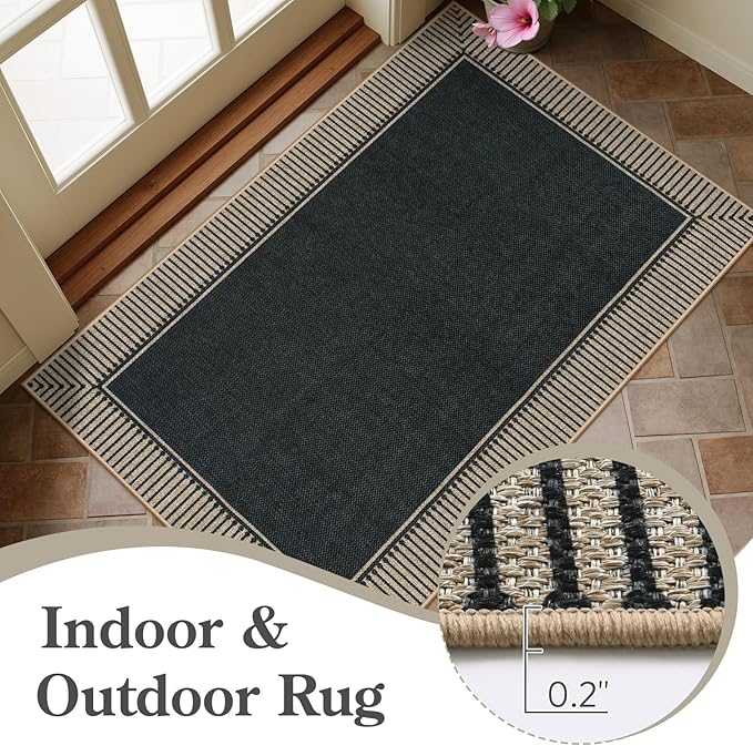 Moynesa Striped Border Easy Jute Outdoor Rug 5x7 Area Rugs for Living Room, Washable Indoor Outdoor Patio Rug Non Slip Low Pile, Black Farmhouse Carpet for Backyard Bedroom Dining Room