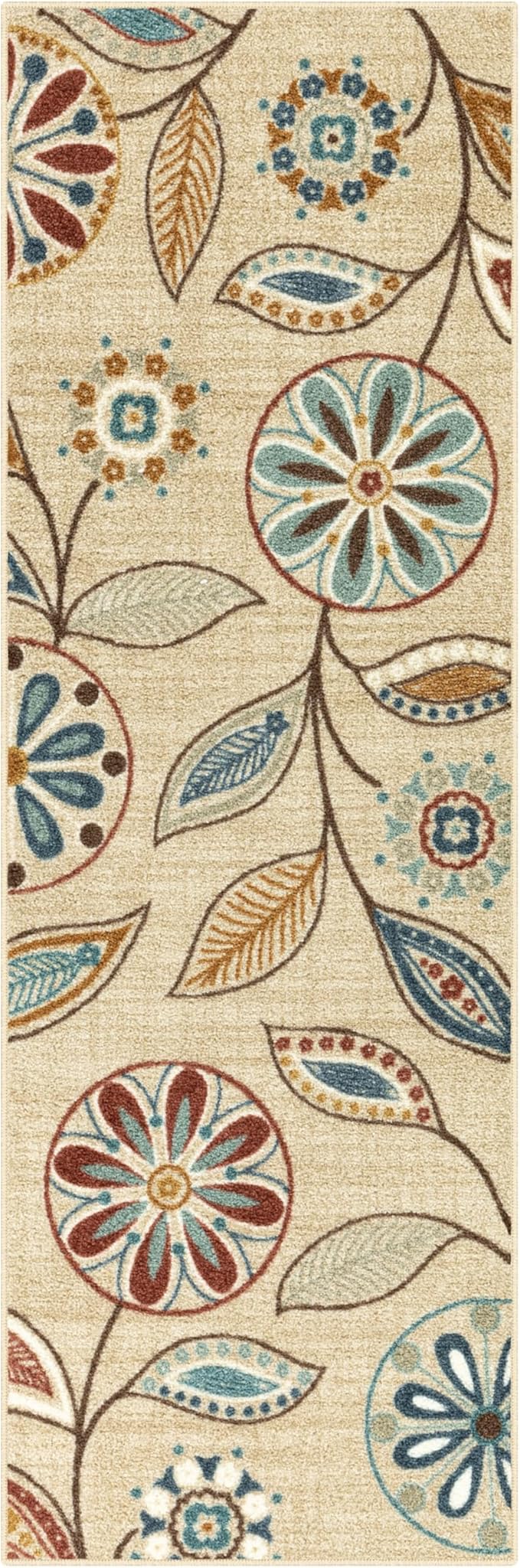 Maples Rugs Reggie Floral Runner Rug - Made in USA - Washable, Non Slip Indoor Carpet for Kitchen, Hallway, and Laundry Room, 2' x 6', Beige