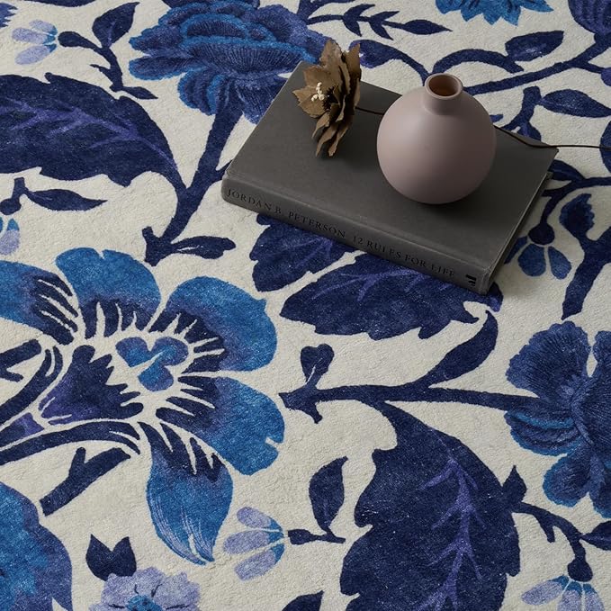 EVERGRACE Area Rugs for Entryway 2x3, Boho Floral Faux Wool Indoor Outdoor Small Rugs, Washable Rugs for Bedroom Bathroom Laundry Doormat, Low Pile Floor Mat Carpet for Home Decor, Celtic Blue