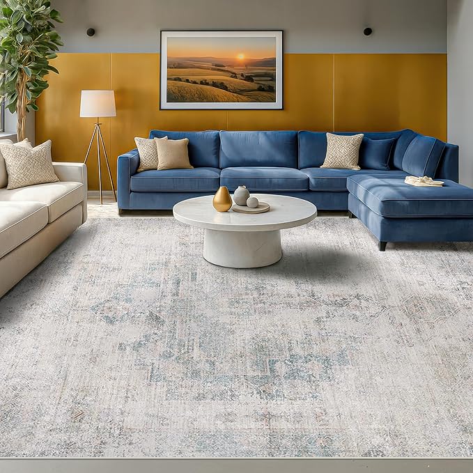 Light Blue Area Rugs 8x12 for Living Room - Abstract Medallion Blue Gray Rug for Bedroom, Dining Room Under Table, Washable Non Slip, Fade & Stain Resistance